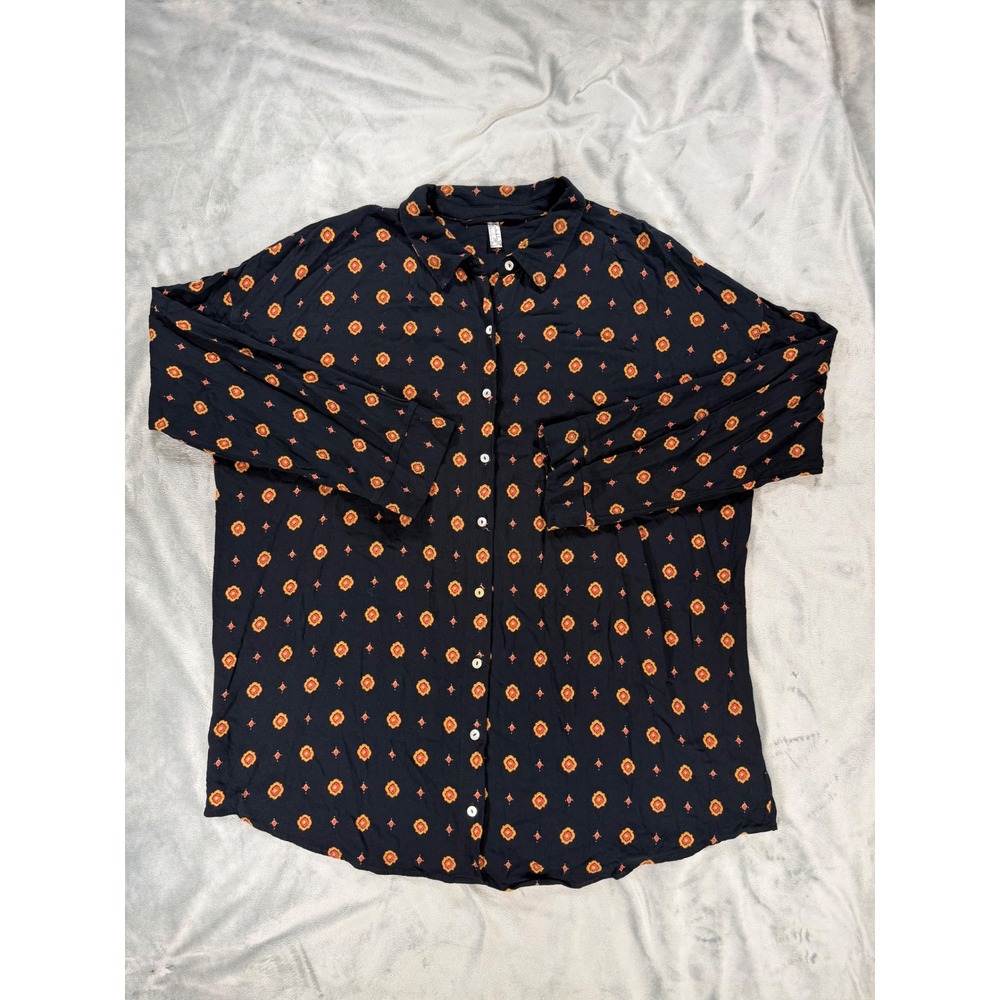 Intimately Free People Women's Button Up Shirt Long Sleeve Black Geometric Med